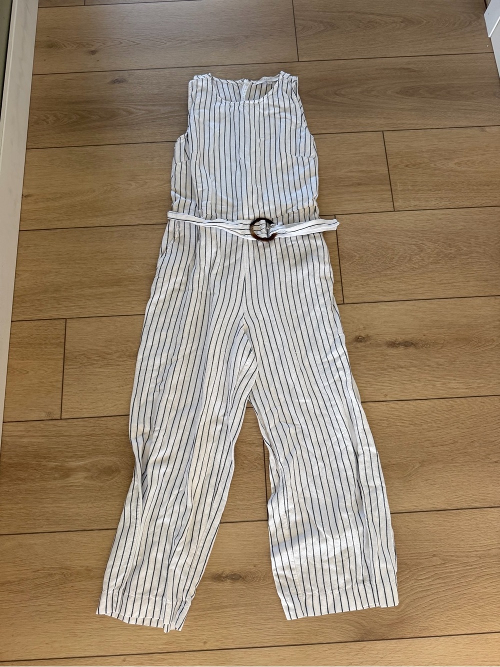 LOFT Striped Linen Blend Belted Sleeveless Jumpsuit